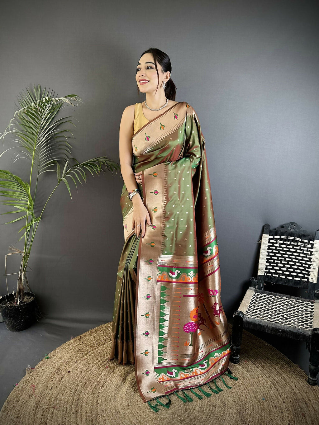 Joban Fashion Mehendi Green Peacock & Floral Motifs Soft Lichi Silk Kanchipuram Saree | Grocsy