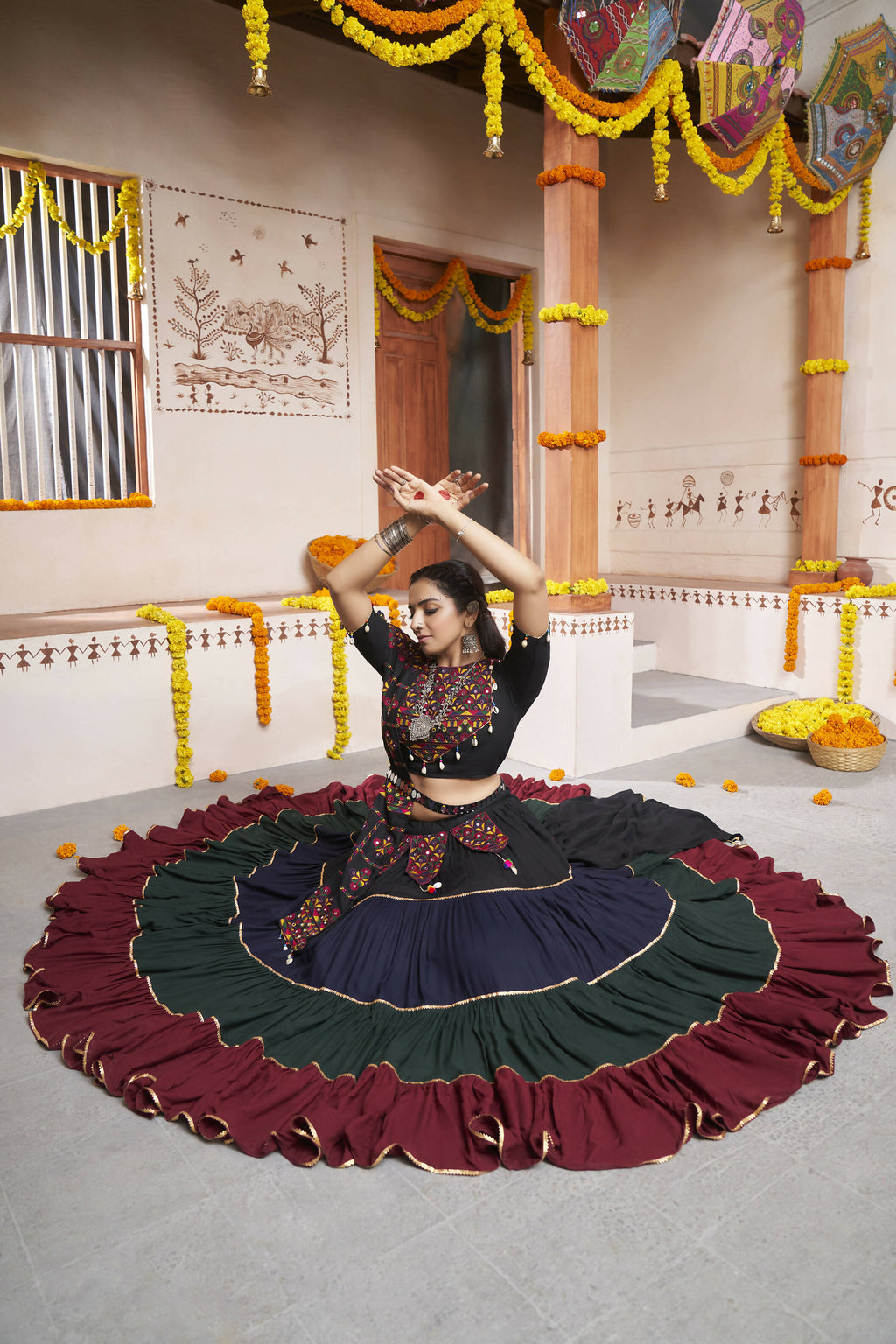 Multi Color Viscose Rayon Thread Embroidery with mirror work Navratri Lehenga Choli with Dupatta - Raas | Grocsy