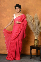 Very Much Indian Mul Cotton Khadi Design Handloom Woven Saree - Pink | Grocsy