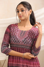 Juniper Purple muslin maxi dress with ethnic motif print with sequins & beads work | Grocsy