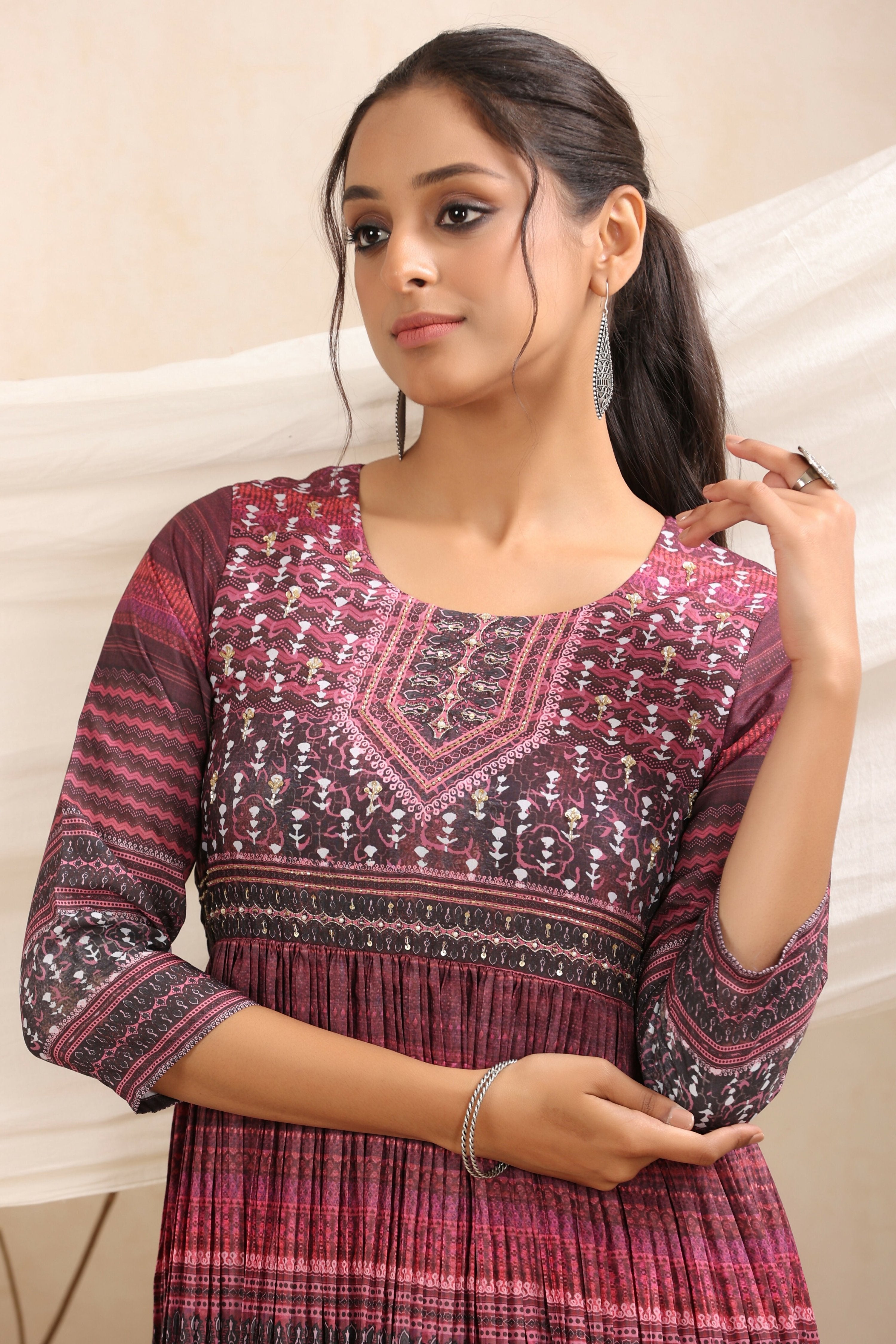 Juniper Purple muslin maxi dress with ethnic motif print with sequins & beads work | Grocsy