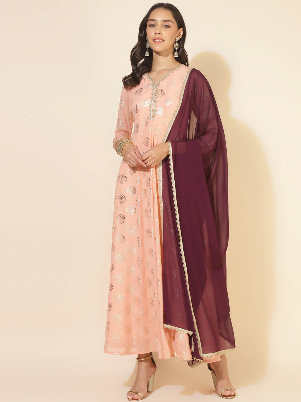 Janasya Women's Peach Georgette Foil Printed Festive Anarkali Kurta Set | Grocsy