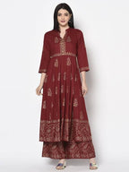 Aniyah Rayon Maroon Color Block Print Flared Slip-On Palazzo (AN-213K) | Grocsy