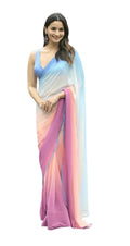 Vamika Georgette Lace Work Pink,Sky Blue & Orange Bollywood Style Saree | Grocsy
