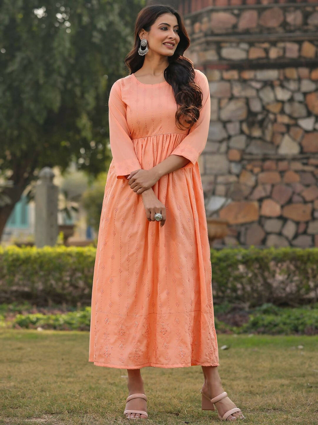 Juniper Women's Peach Festive Embroiderd Flared Dress | Grocsy