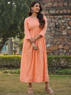 Juniper Women's Peach Festive Embroiderd Flared Dress | Grocsy