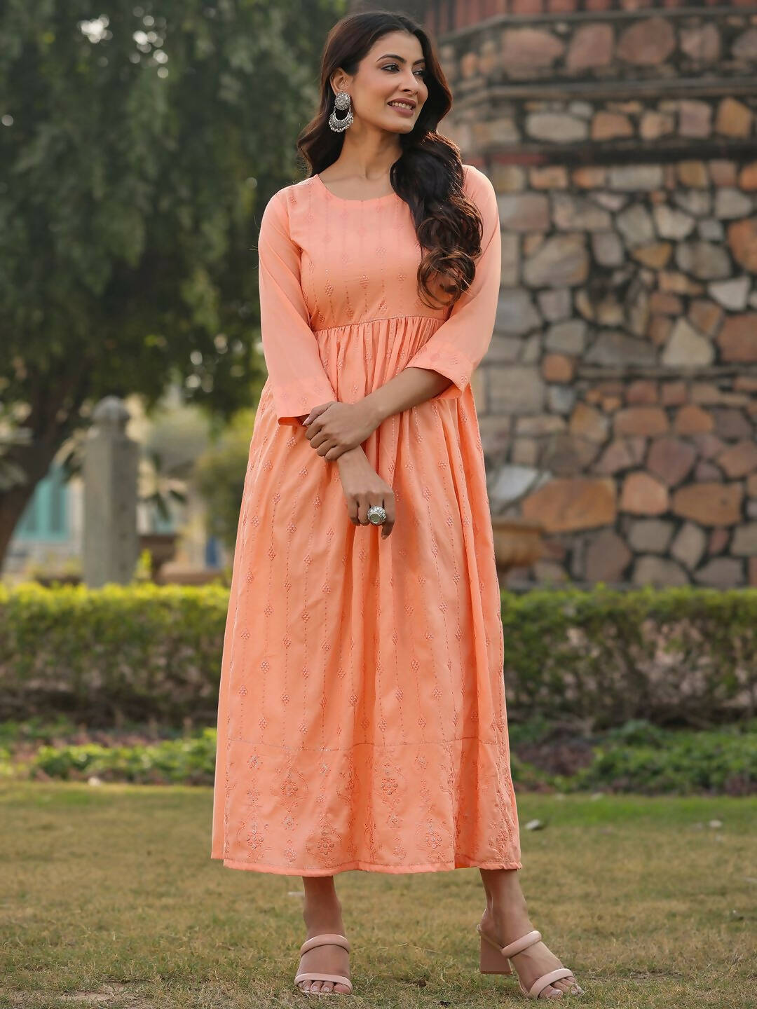 Juniper Women's Peach Festive Embroiderd Flared Dress | Grocsy