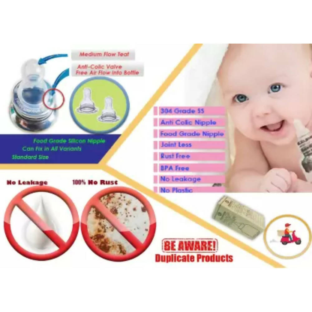 Goodmunchkins Stainless Steel Feeding Bottle 304 Grade Steel, Jointless, BPA Free, Rustfree Bottle For Kids 220ml | Grocsy