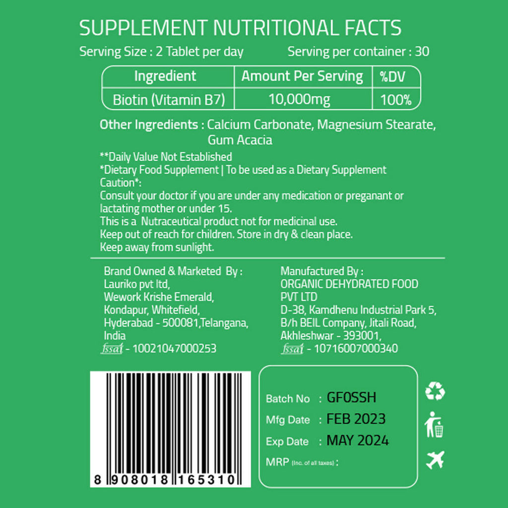 Laurik Biotin Tablets For Men And Women | Biotin Supplement For Hair Growth And Glowing Skin | Grocsy