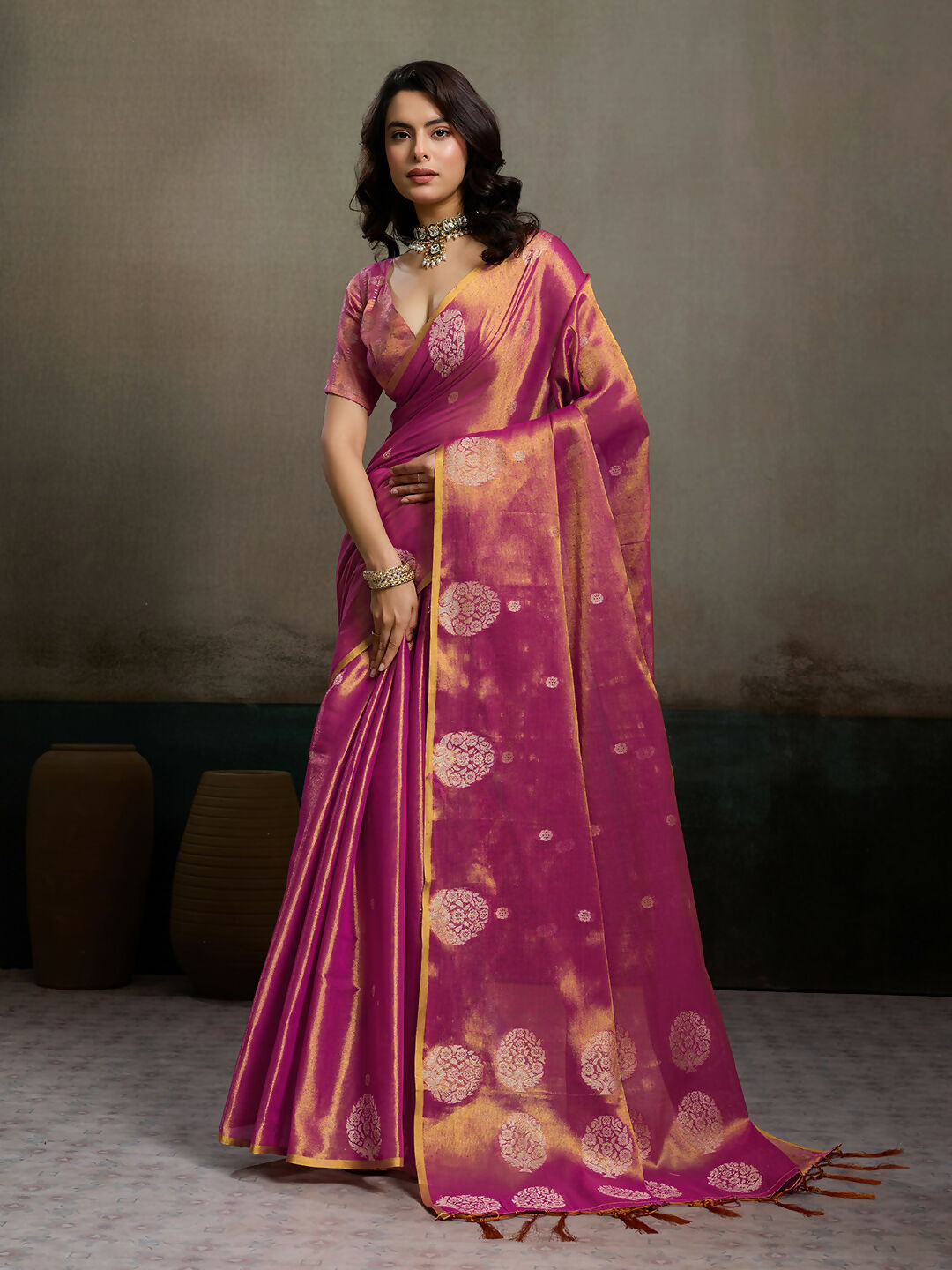 Shree Shyam Fashion Magenta Tissue Silk Saree | Grocsy