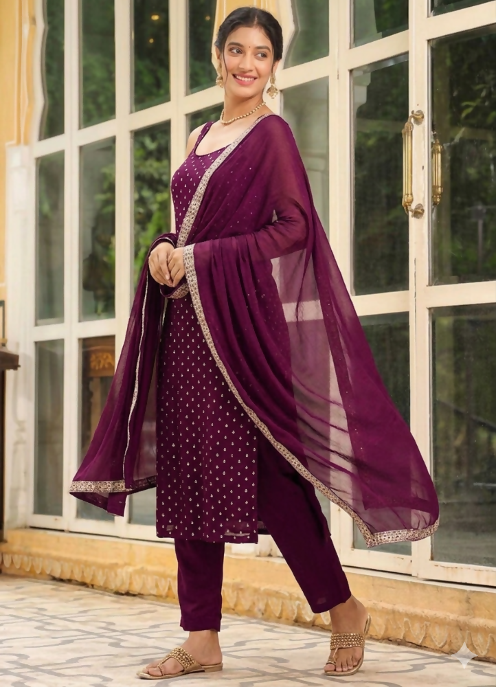 Teeya Creation Womens New Elegant Wine Embroidered Kurti with Matching Bottom Set | Grocsy