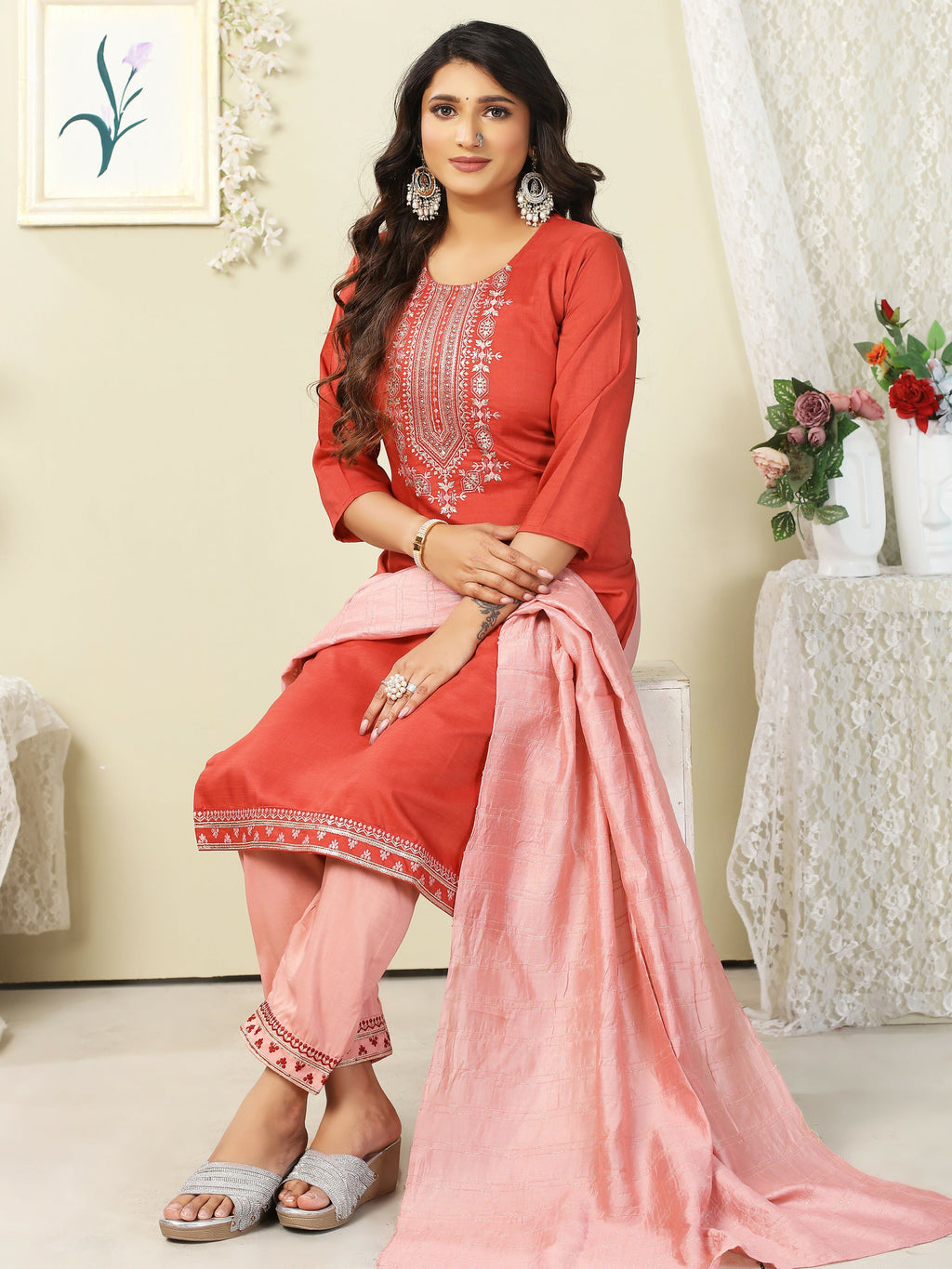 Vamika Chinon Embroidery Orange Party Wear/Casual Wear/Office Wear Kurta Set/Suit | Grocsy