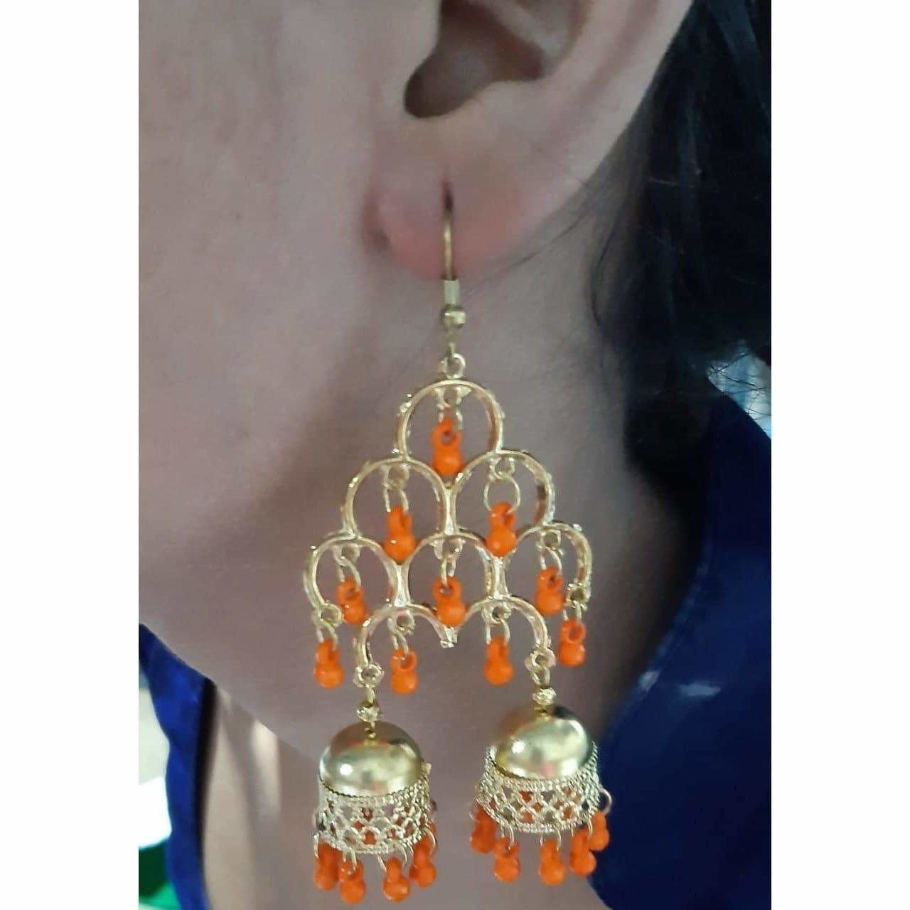 MS Fashion India Gold-Polished Fashion Traditional Double Jhumka Long Orange Pearls Earrings | Grocsy