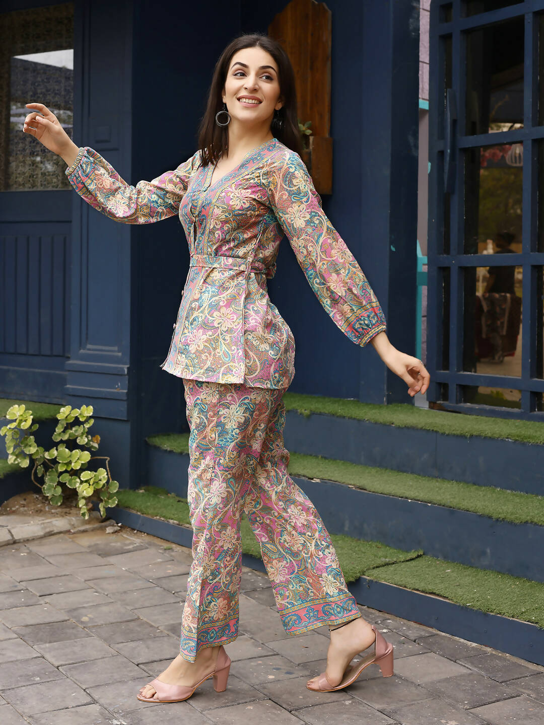 Pink Rayon Paisley & Floral Printed Top with Matching Bottom - Eesha | Grocsy