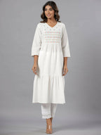 Juniper Women White Seer Sucker Embroidered High Slit Kurta | Grocsy