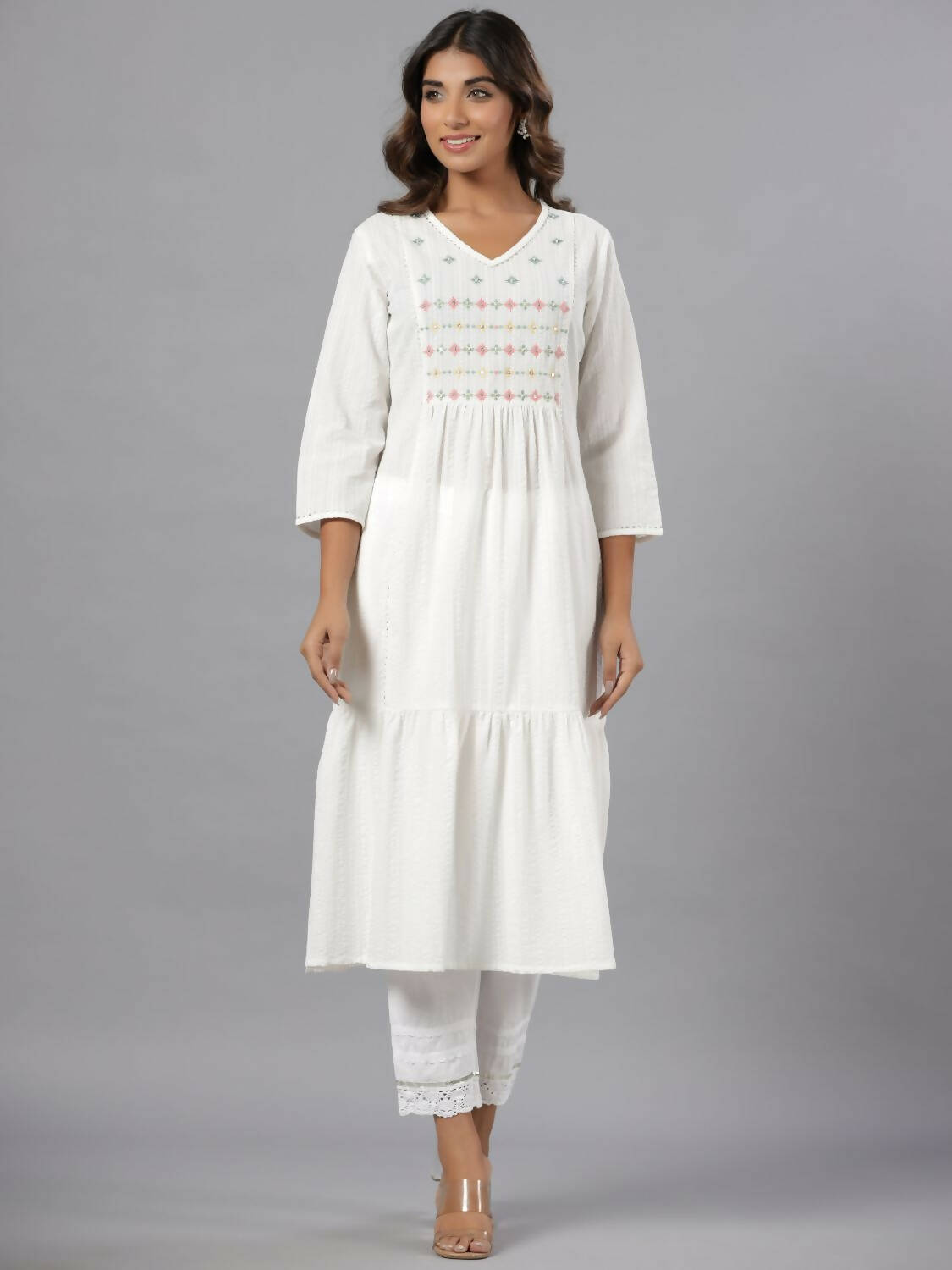Juniper Women White Seer Sucker Embroidered High Slit Kurta | Grocsy