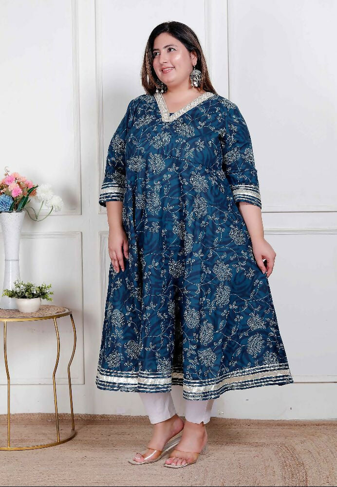 Miravan Plus Size Women'S Blue Cotton Embroidered Neck Anarkali Kurta | Grocsy