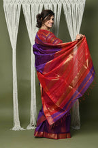 Very Much Indian Handloom Cotton Silk Maheshwari Saree With Sleek Golden Border - Purple | Grocsy