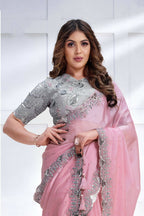 Pink Crepe satin silk Cord & Sequence Embroidered with Stone work Saree - Mohmanthan Majestica | Grocsy