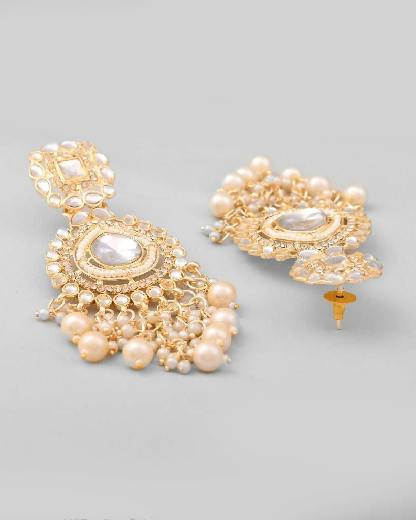 VOJ Gold-Polished Kundan Studded Drop Earrings