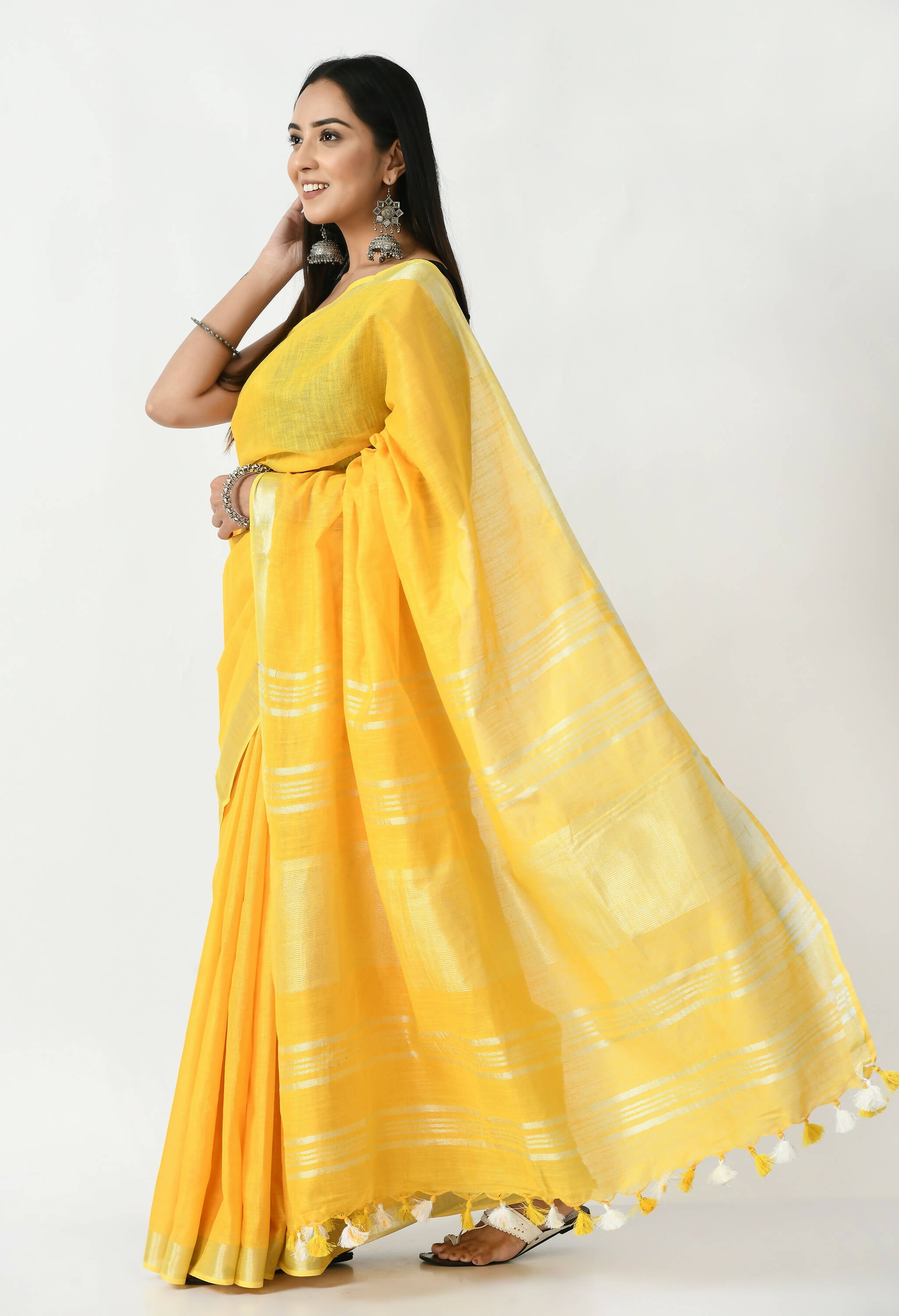Mominos Fashion Moeza Yellow Bhagalpuri Handloom Silk Linen Saree with unstitched Blouse piece | Grocsy