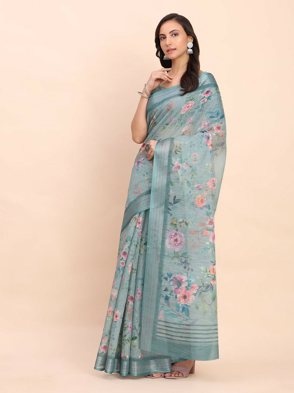Shree Shyam Fashion Linen Cotton Sea Green Saree | Grocsy