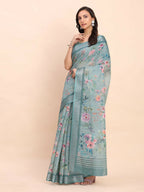 Shree Shyam Fashion Linen Cotton Sea Green Saree | Grocsy