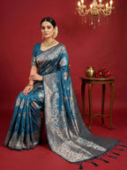 Shree Shyam Fashion Teal Blue Silk Blend Saree | Grocsy
