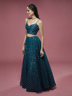 House of Panchhi Teal Net Sequinse Embroidered Lehenga & Blouse with Dupatta | Grocsy