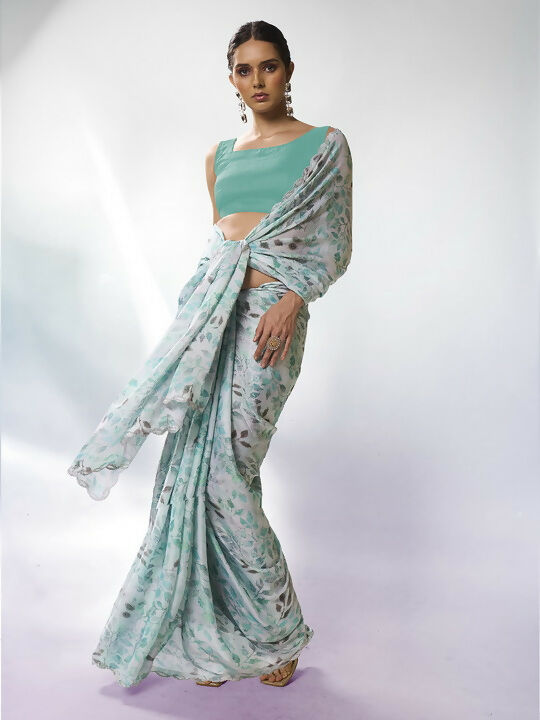 Sea Green Satin Georgette Designer Printed Saree - Shezlin | Grocsy
