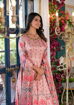 Partywear Designe rPeach Dola Silk Anarkali suit with Dupatta - Samyukta | Grocsy