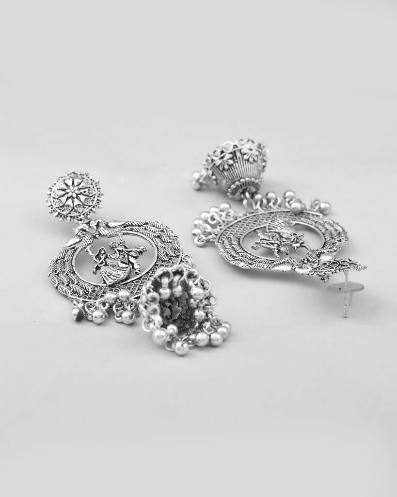 VOJ Silver Plated Krishna Cricluar Oxidized Earrings