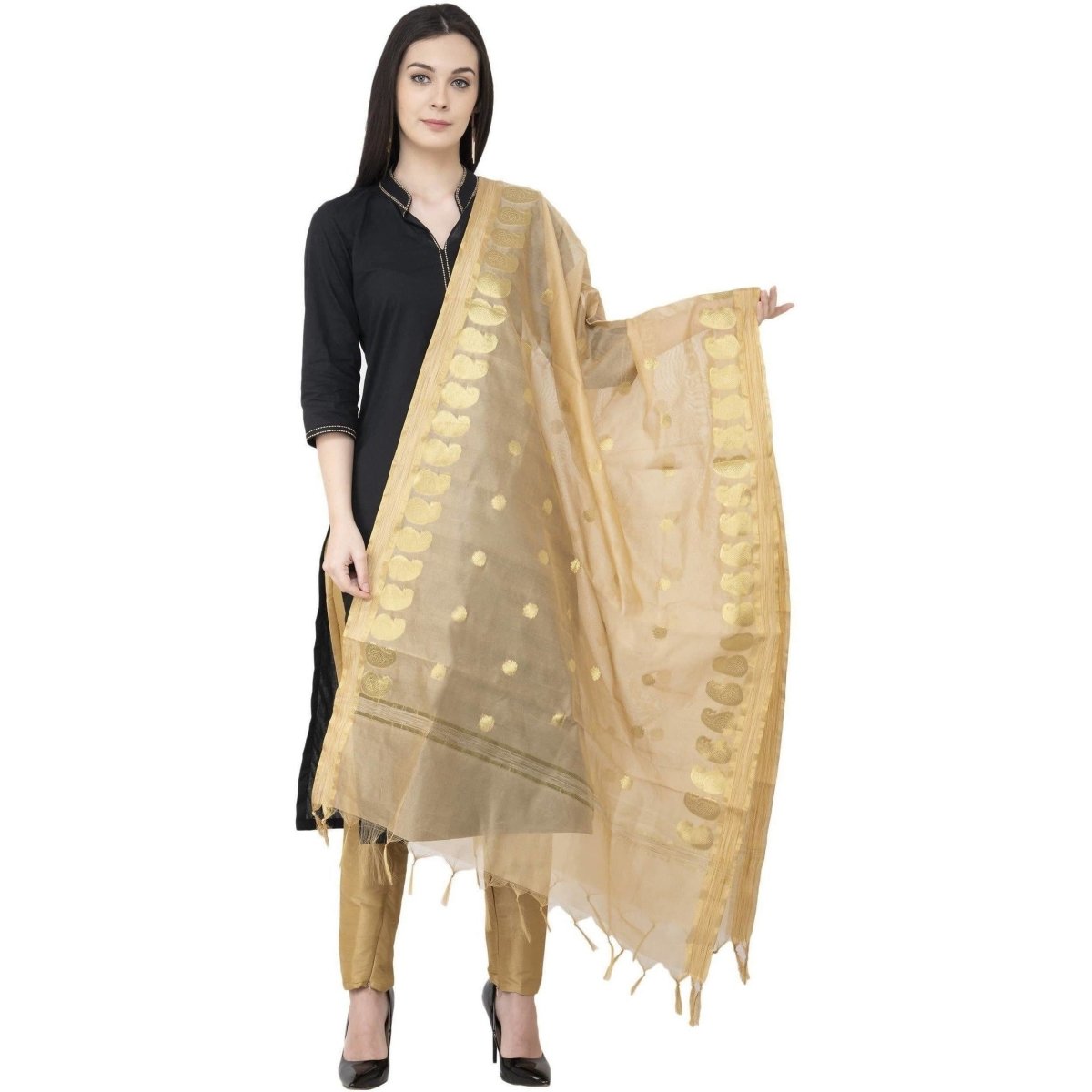 A R Silk VNS Ambi Booti Vanarsi Dupatta Golden Color Dupatta or Chunni | Grocsy
