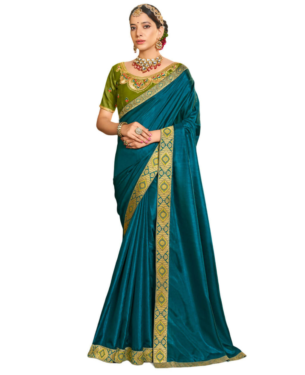 Teal Solid Vichitra Saree With Unstitched Blouse Piece - Selena | Grocsy