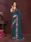 Ai Fashion Teal Soft Star Georgette Embroidery Party Wear Saree | Grocsy