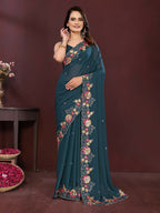 Ai Fashion Teal Soft Star Georgette Embroidery Party Wear Saree | Grocsy