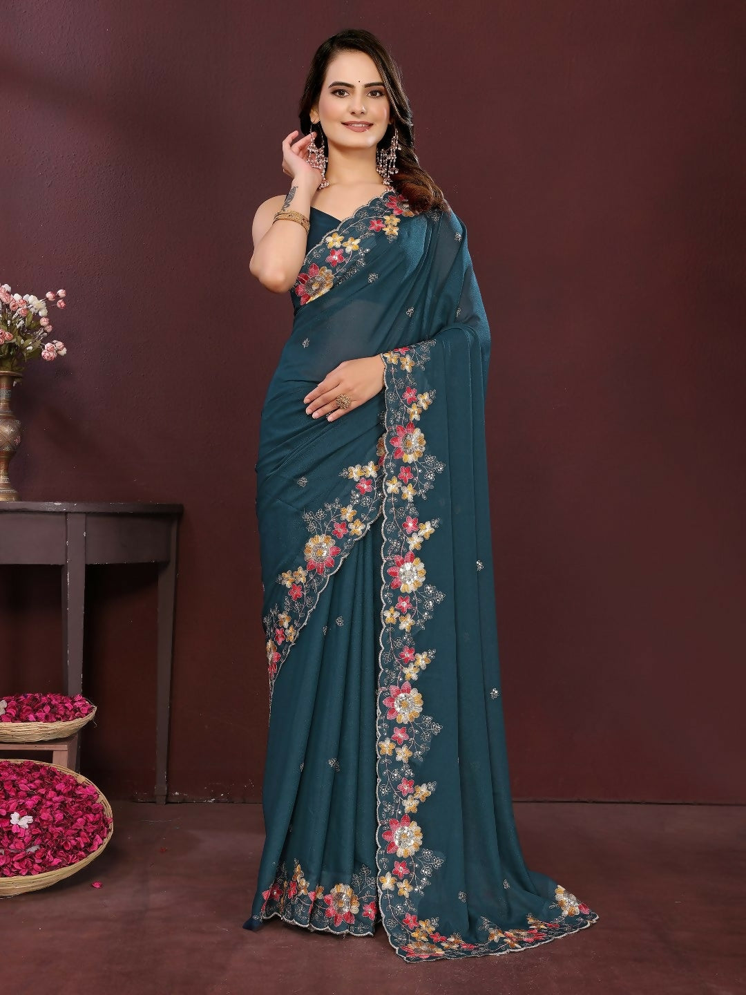 Ai Fashion Teal Soft Star Georgette Embroidery Party Wear Saree | Grocsy