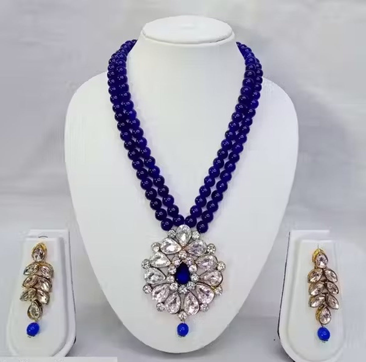 Jewel City Traditional Handcrafted Ethnic Blue Beaded Necklace Set with Gold-Plated Finish & Studded Stones  | Grocsy