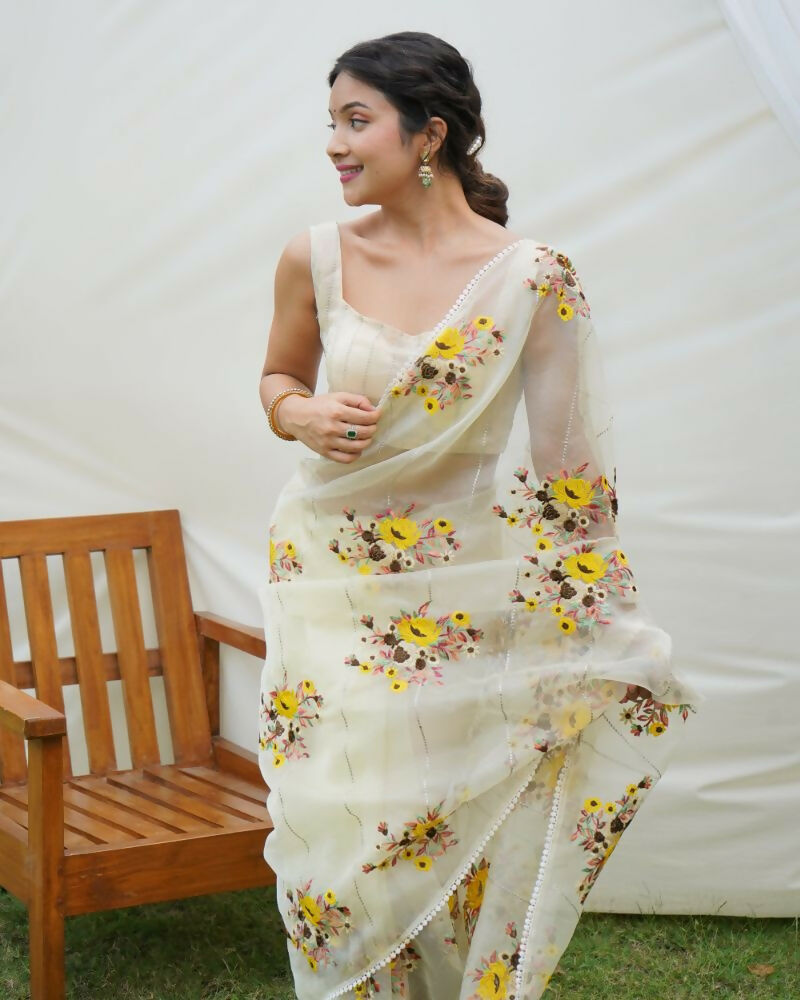 Vamsee Anamika Yellow (Anvika) Organza Silk Saree | Grocsy