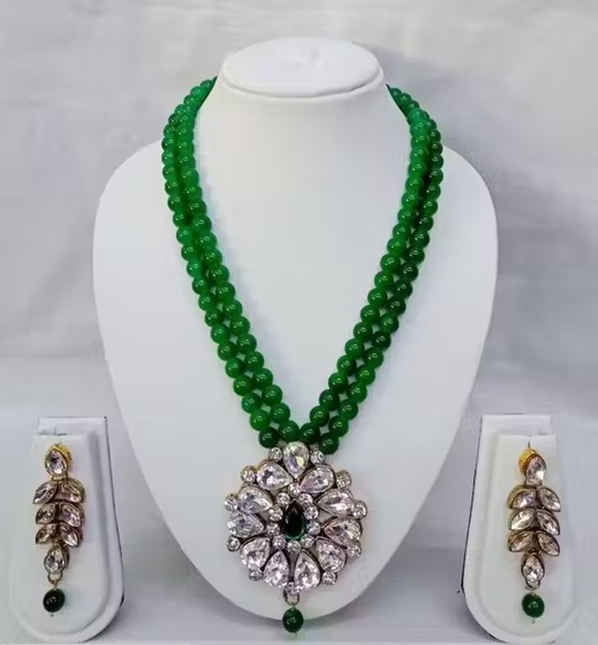 Jewel City Traditional Handcrafted Ethnic Green Beaded Necklace Set with Gold-Plated Finish & Studded Stones  | Grocsy