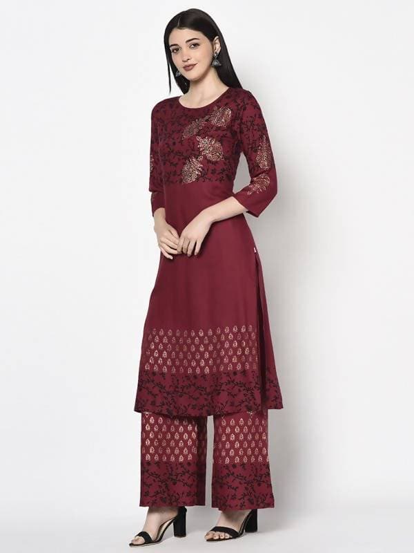 Aniyah Rayon Maroon Color Block Print Straight Kurta (AN-185K) | Grocsy