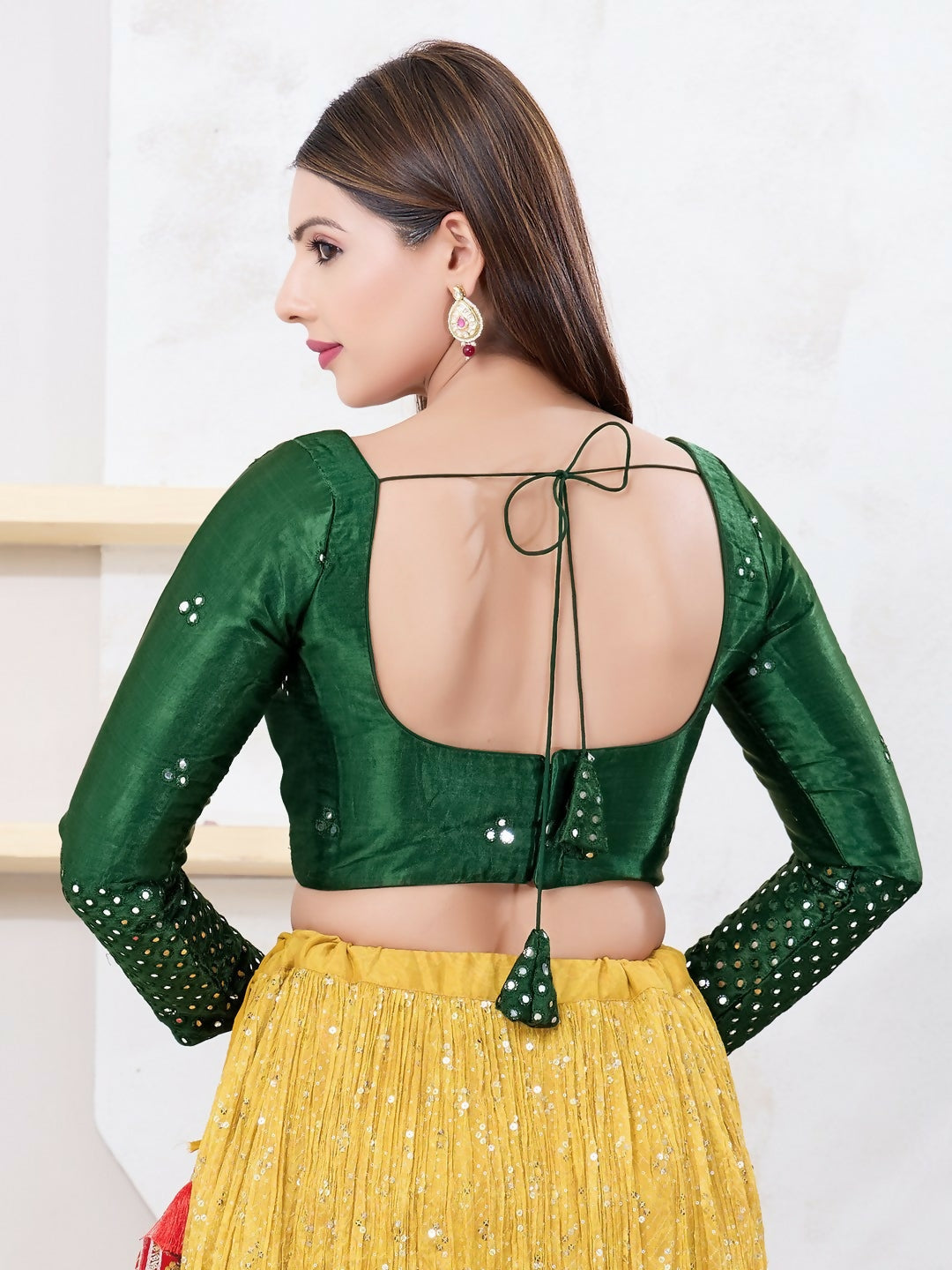 Joban Fashion Bottle-Green Gajji Silk Elbow Sleeveless Back Open Blouse | Grocsy