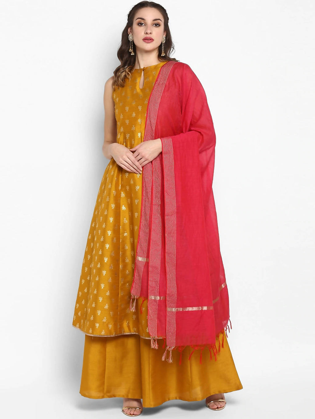 Janasya Women Mustard Yellow Printed Kurta with Palazzos & Dupatta | Grocsy