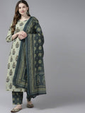 Yufta Women Beige Ethnic Motifs Aari Work Pure Cotton Kurta with Palazzo and Dupatta | Grocsy