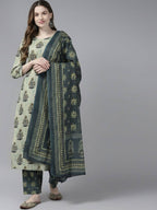 Yufta Women Beige Ethnic Motifs Aari Work Pure Cotton Kurta with Palazzo and Dupatta | Grocsy