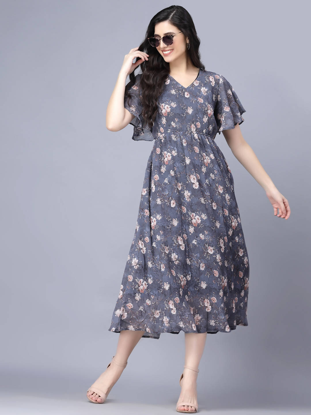 Myshka Women Grey Floral Midi Dress | Grocsy