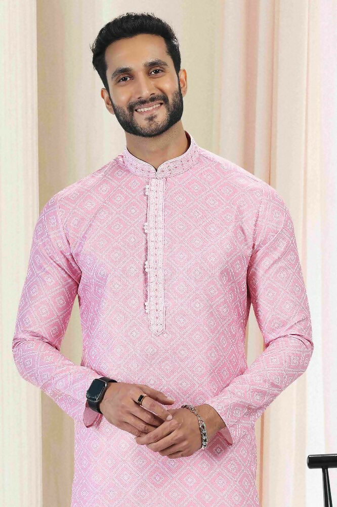Raivat Ethnic Cotton Thread Work Kurta Pajama In Baby Pink Colour | Grocsy