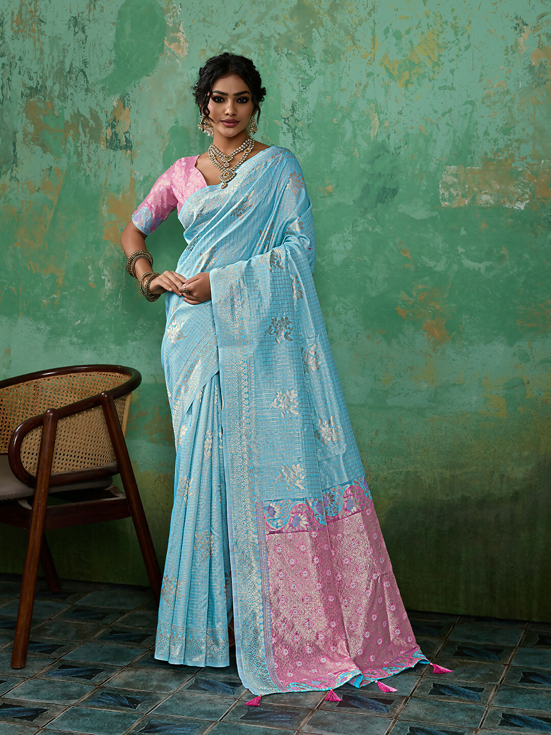 Shree Shyam Fashion Sky Blue Linen Cotton Saree | Grocsy