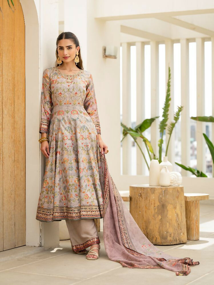 Functional Designer Grey Jam Silk Anarkali suit with Dupatta-Anbazaar | Grocsy