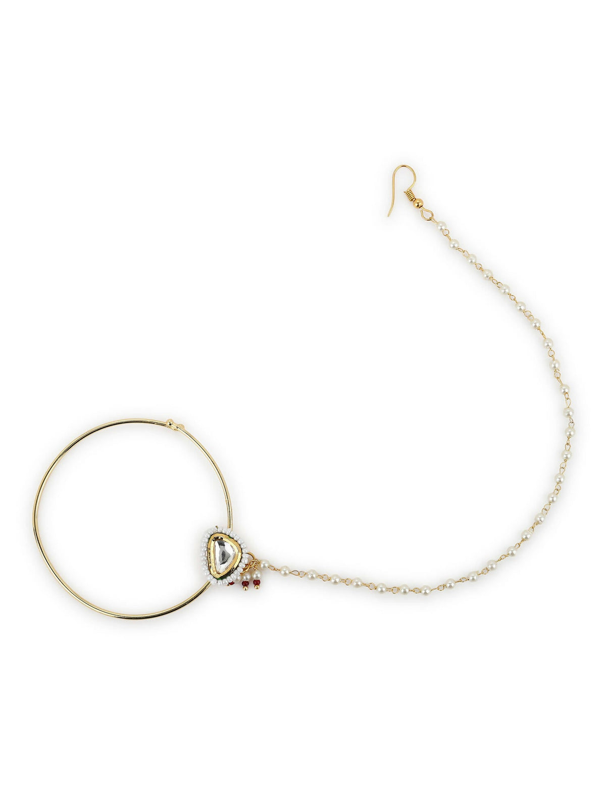 Gold-Polished White Kundan Studded Nose Pin With Beaded Extension - Ruby Raang | Grocsy